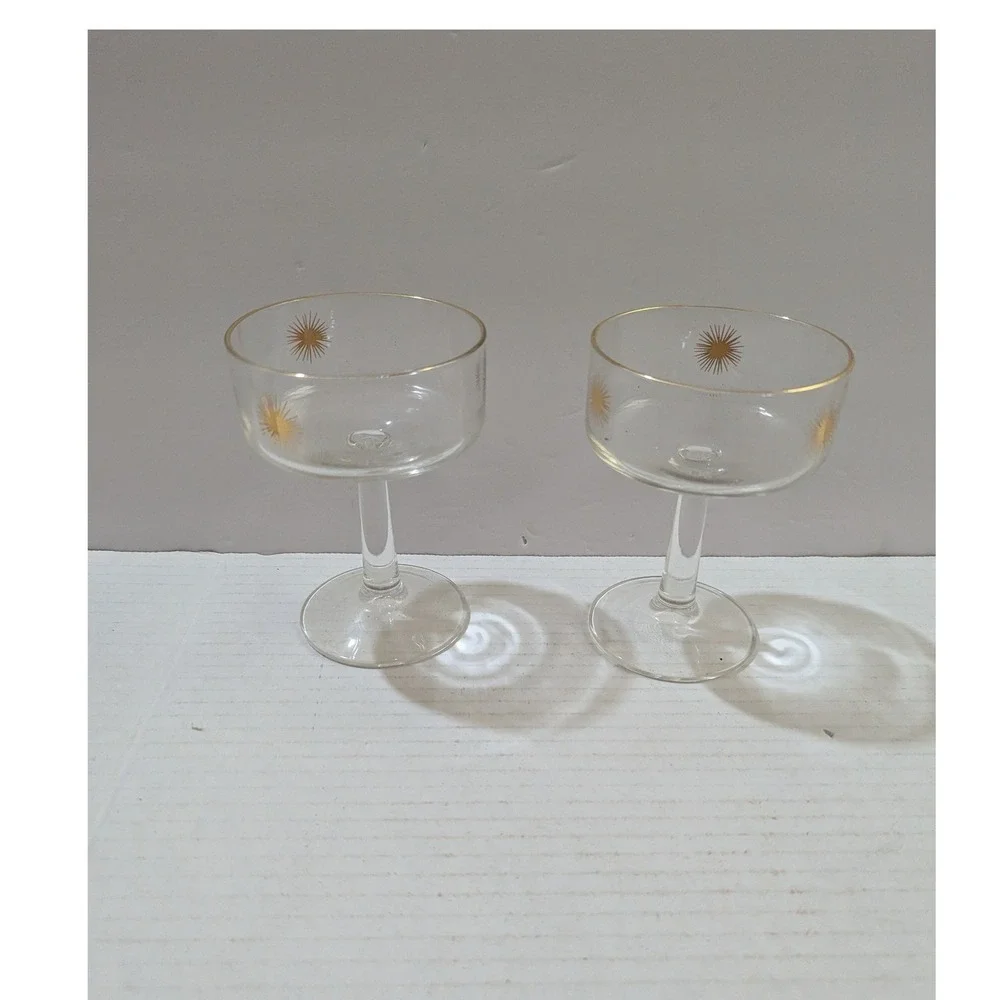 Vintage Mid Century Atomic Gold Starburst Champagne Coupe Glasses Set of 2